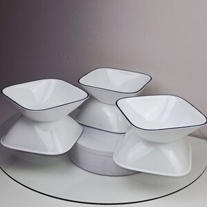 6 Corelle White Square Bowls Set Navy Blue Trim